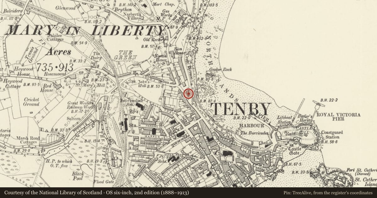 Ordnance Survey six-inch map, 2nd edition (1888–1913) covering the location of The former Ocean Hotel, Tenby, Pembrokeshire, with a pin at the register's coordinates