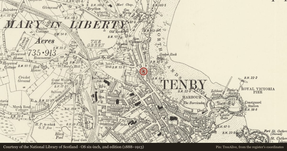 Ordnance Survey six-inch map, 2nd edition (1888–1913) covering the location of Saint Stephens, including front railings, Tenby, Pembrokeshire, with a pin at the register's coordinates