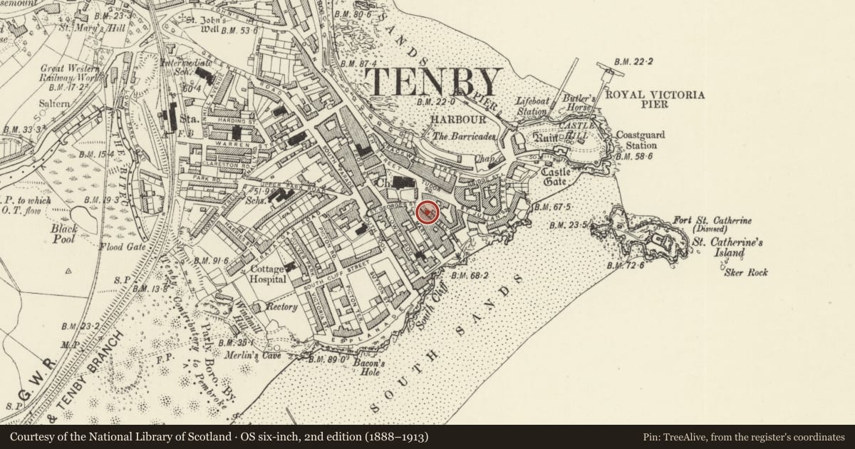 Ordnance Survey six-inch map, 2nd edition (1888–1913) covering the location of The Restings, Tenby, Pembrokeshire, with a pin at the register's coordinates
