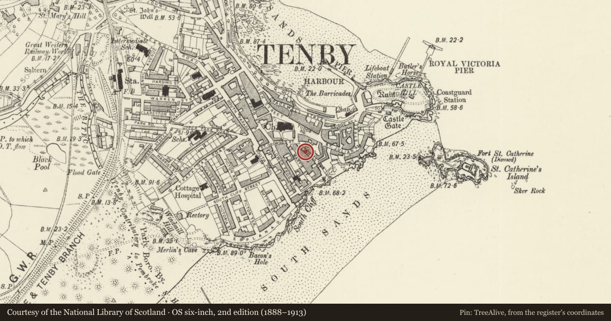 Ordnance Survey six-inch map, 2nd edition (1888–1913) covering the location of No 2 Cresswell Cottages, Tenby, Pembrokeshire, with a pin at the register's coordinates