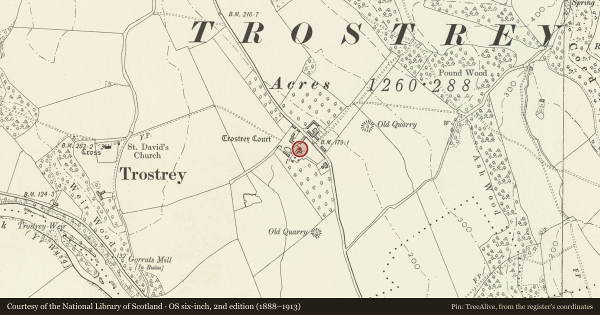 Ordnance Survey six-inch map, 2nd edition (1888–1913) covering the location of Trostrey Court, Llanarth, Monmouthshire, with a pin at the register's coordinates