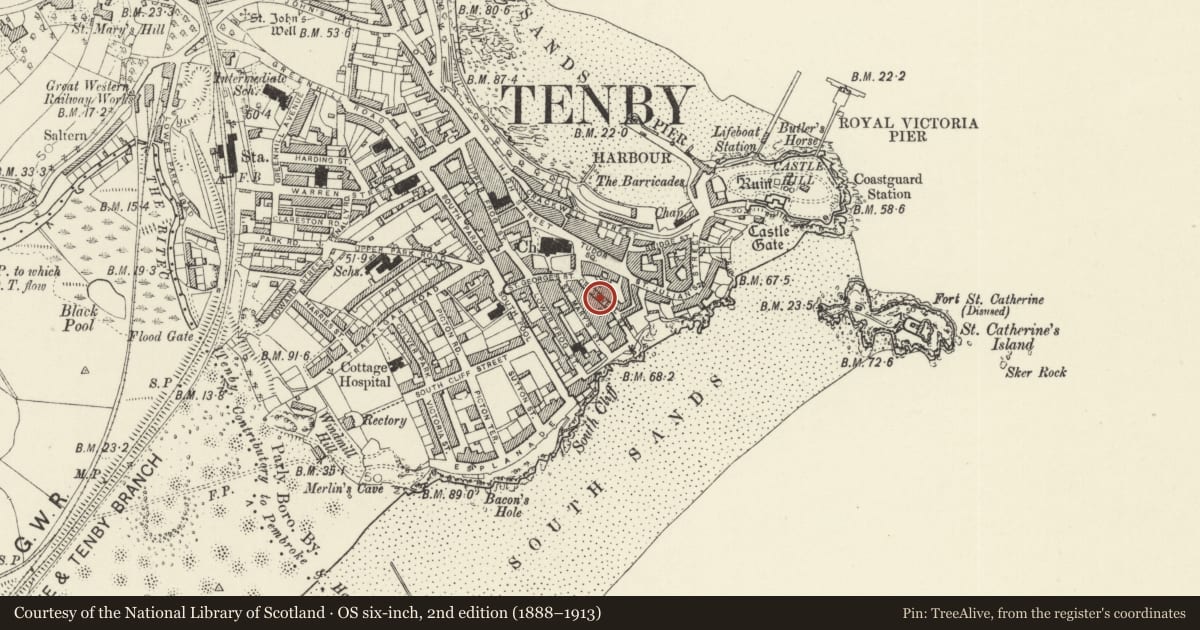 Ordnance Survey six-inch map, 2nd edition (1888–1913) covering the location of 6 Cresswell Street, Tenby, Pembrokeshire, with a pin at the register's coordinates