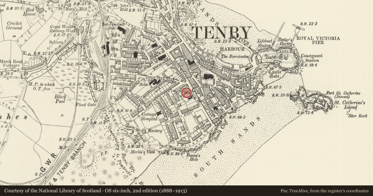 Ordnance Survey six-inch map, 2nd edition (1888–1913) covering the location of The Old Convent of St Teresa, Tenby, Pembrokeshire, with a pin at the register's coordinates