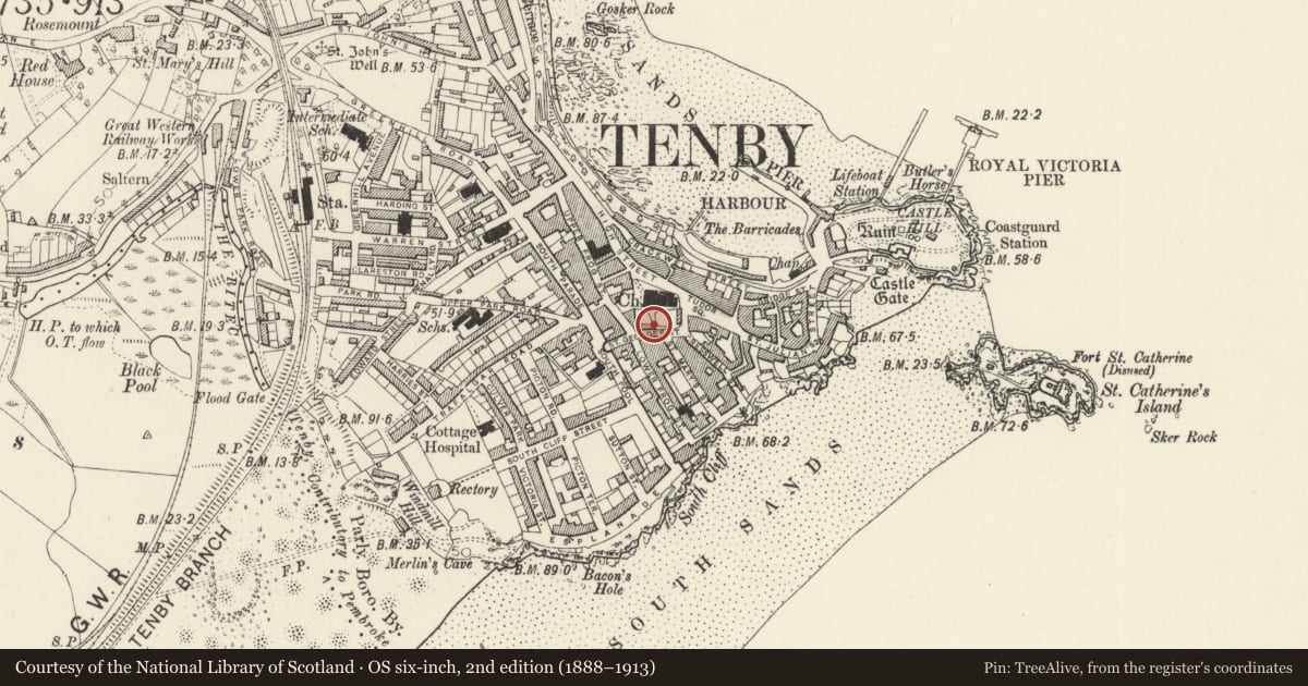Ordnance Survey six-inch map, 2nd edition (1888–1913) covering the location of The Old Town Hall, Tenby, Pembrokeshire, with a pin at the register's coordinates