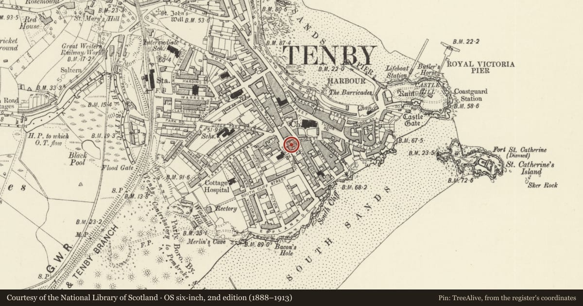 Ordnance Survey six-inch map, 2nd edition (1888–1913) covering the location of Premises occupied by Five Arches Gifts, Tenby, Pembrokeshire, with a pin at the register's coordinates