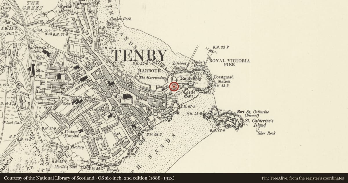 Ordnance Survey six-inch map, 2nd edition (1888–1913) covering the location of Whitesands Gate, Tenby, Pembrokeshire, with a pin at the register's coordinates