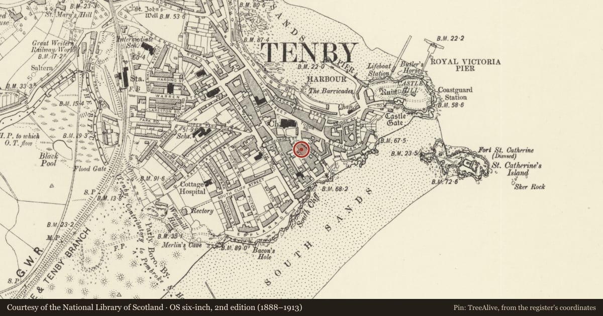 Ordnance Survey six-inch map, 2nd edition (1888–1913) covering the location of Devonia, Tenby, Pembrokeshire, with a pin at the register's coordinates