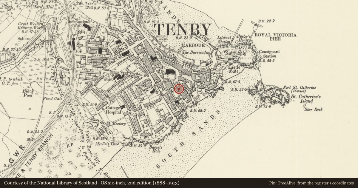 Ordnance Survey six-inch map, 2nd edition (1888–1913) covering the location of St Mary's Cottage, Tenby, Pembrokeshire, with a pin at the register's coordinates