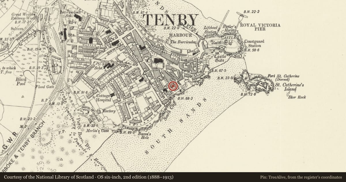 Ordnance Survey six-inch map, 2nd edition (1888–1913) covering the location of Vine Cottage, Tenby, Pembrokeshire, with a pin at the register's coordinates