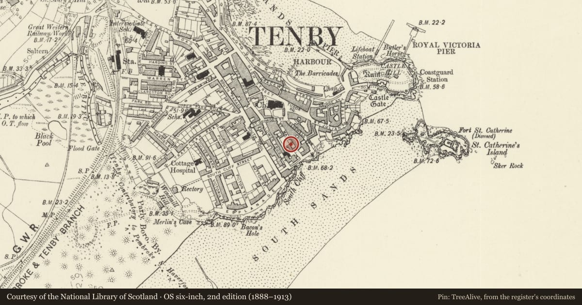 Ordnance Survey six-inch map, 2nd edition (1888–1913) covering the location of Battersea House, Tenby, Pembrokeshire, with a pin at the register's coordinates