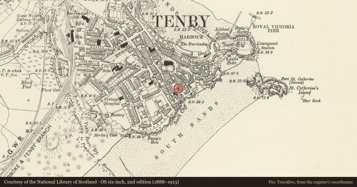 Ordnance Survey six-inch map, 2nd edition (1888–1913) covering the location of Myrtle House, Tenby, Pembrokeshire, with a pin at the register's coordinates