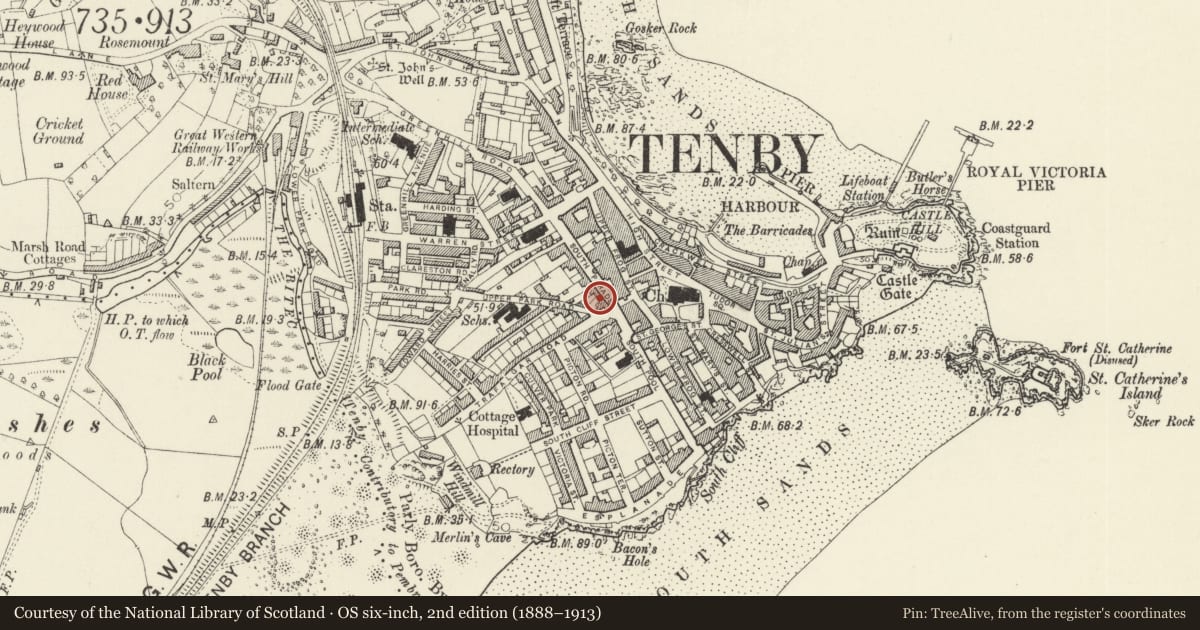 Ordnance Survey six-inch map, 2nd edition (1888–1913) covering the location of The War Memorial, Tenby, Pembrokeshire, with a pin at the register's coordinates