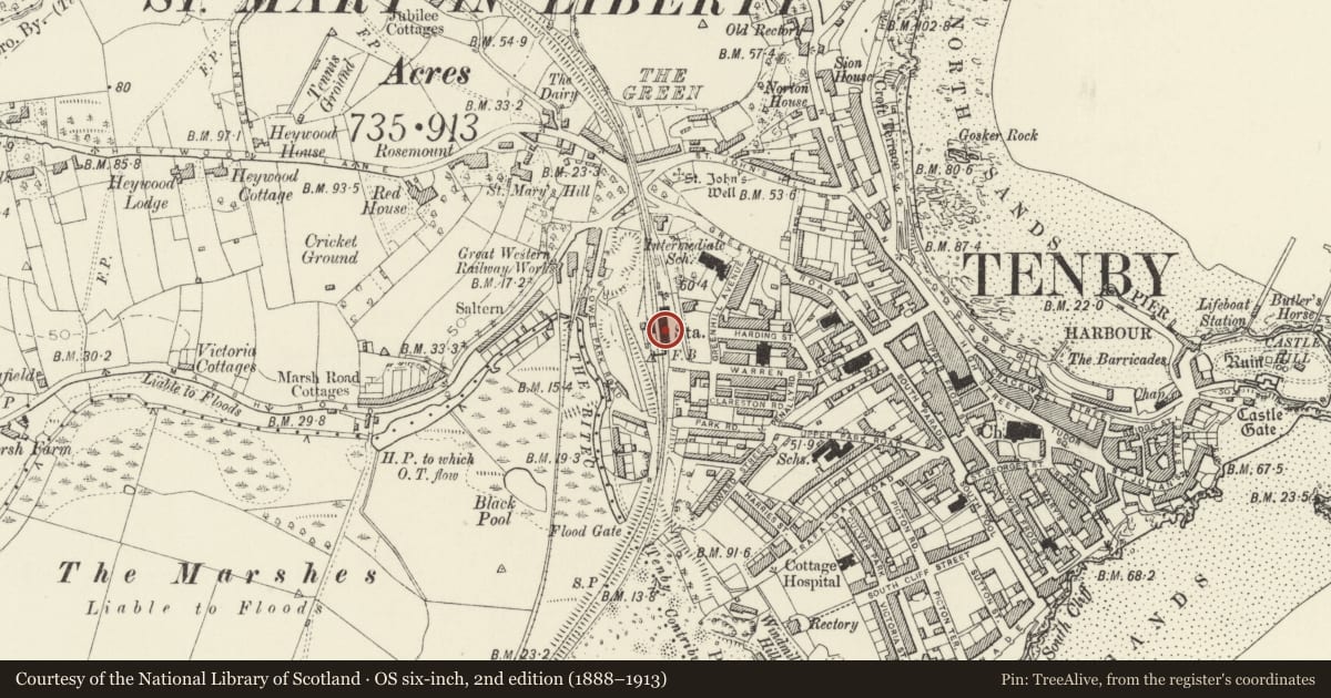 Ordnance Survey six-inch map, 2nd edition (1888–1913) covering the location of Tenby Railway Station (main entrance range), Pembrokeshire, with a pin at the register's coordinates
