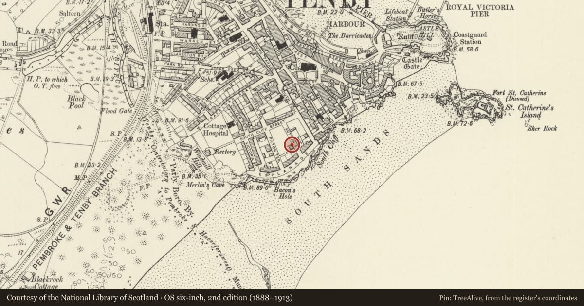Ordnance Survey six-inch map, 2nd edition (1888–1913) covering the location of Bedford House, Tenby, Pembrokeshire, with a pin at the register's coordinates