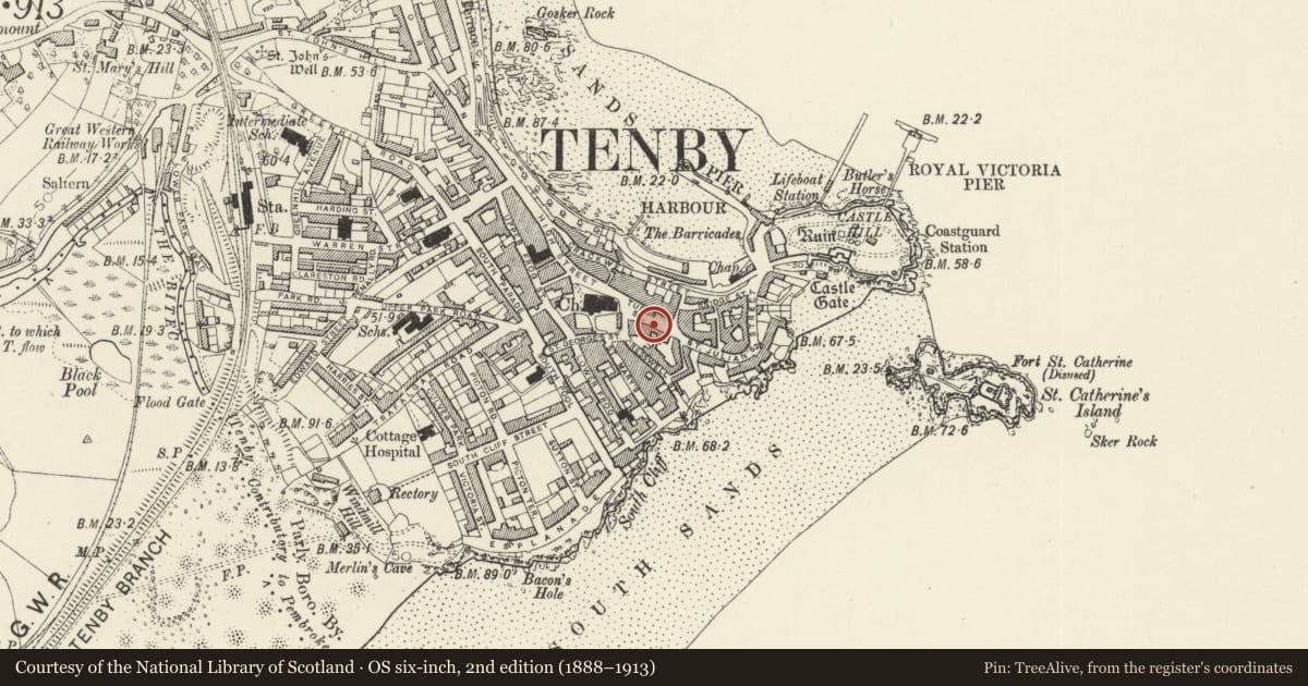 Ordnance Survey six-inch map, 2nd edition (1888–1913) covering the location of Athol House, Tenby, Pembrokeshire, with a pin at the register's coordinates