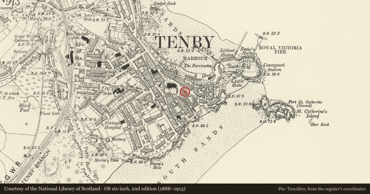 Ordnance Survey six-inch map, 2nd edition (1888–1913) covering the location of York House, Tenby, Pembrokeshire, with a pin at the register's coordinates