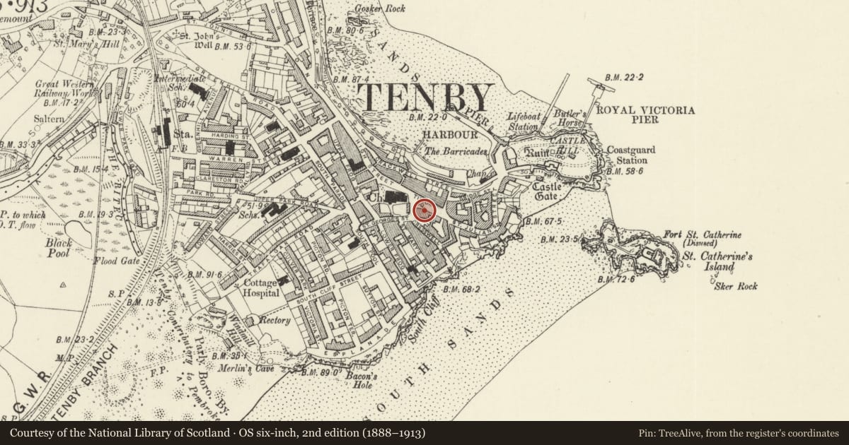 Ordnance Survey six-inch map, 2nd edition (1888–1913) covering the location of Tudor House, Tenby, Pembrokeshire, with a pin at the register's coordinates
