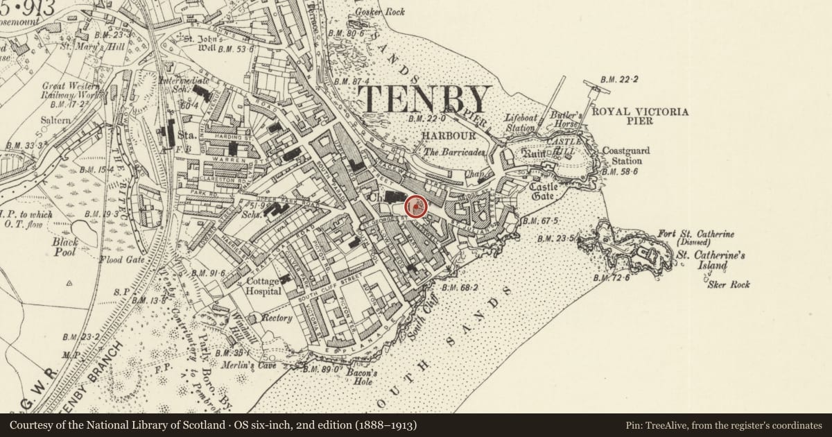 Ordnance Survey six-inch map, 2nd edition (1888–1913) covering the location of Premises occupied by Tenby Rock and Fudge, Pembrokeshire, with a pin at the register's coordinates