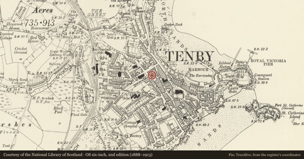 Ordnance Survey six-inch map, 2nd edition (1888–1913) covering the location of The Mews (front range), Tenby, Pembrokeshire, with a pin at the register's coordinates