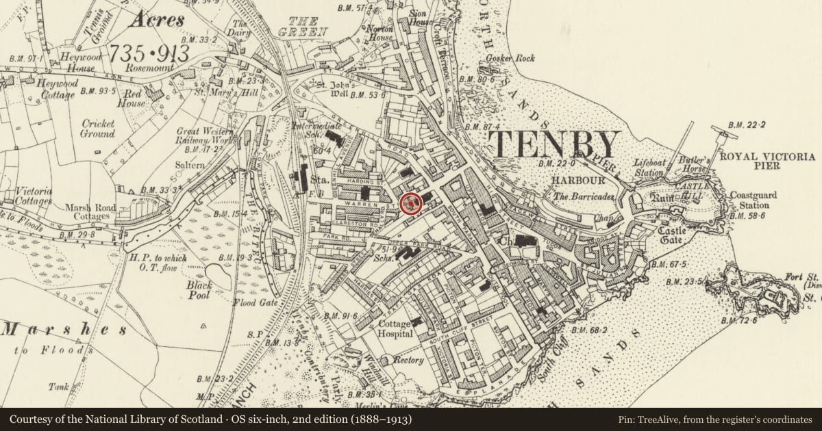 Ordnance Survey six-inch map, 2nd edition (1888–1913) covering the location of County Chambers (former Congregational manse), Tenby, Pembrokeshire, with a pin at the register's coordinates