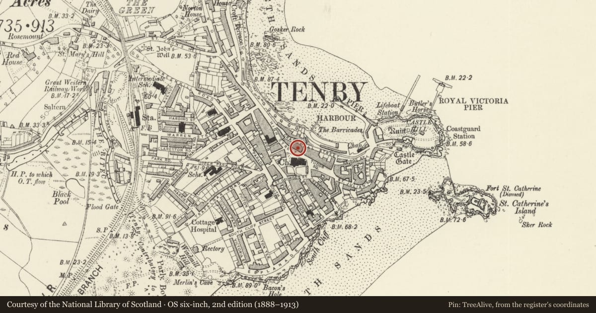 Ordnance Survey six-inch map, 2nd edition (1888–1913) covering the location of No 3 Lancaster Buildings, Tenby, Pembrokeshire, with a pin at the register's coordinates