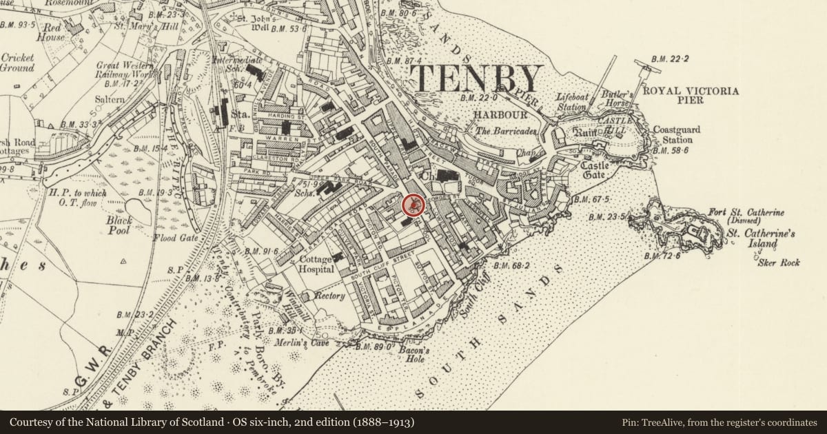 Ordnance Survey six-inch map, 2nd edition (1888–1913) covering the location of Tenby Town Walls, Pembrokeshire, with a pin at the register's coordinates