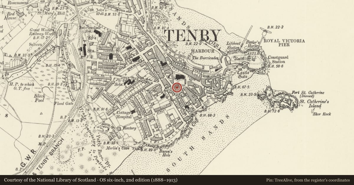 Ordnance Survey six-inch map, 2nd edition (1888–1913) covering the location of Premises occupied by The Picnic Basket, Tenby, Pembrokeshire, with a pin at the register's coordinates