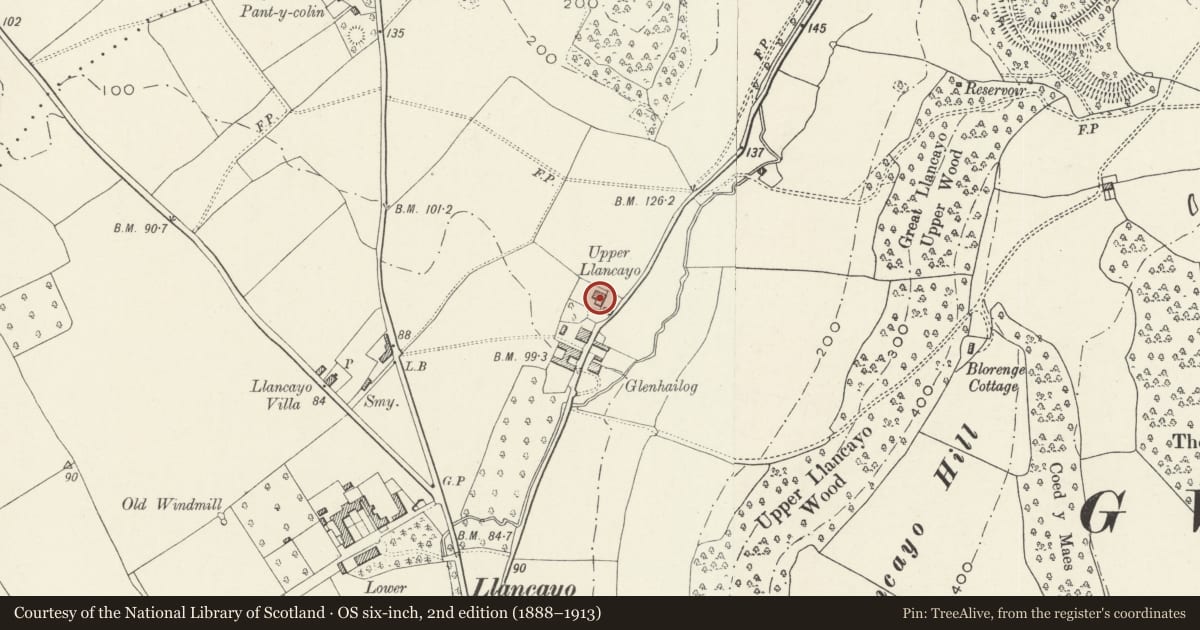 Ordnance Survey six-inch map, 2nd edition (1888–1913) covering the location of Upper Llancayo, Llanarth, Monmouthshire, with a pin at the register's coordinates