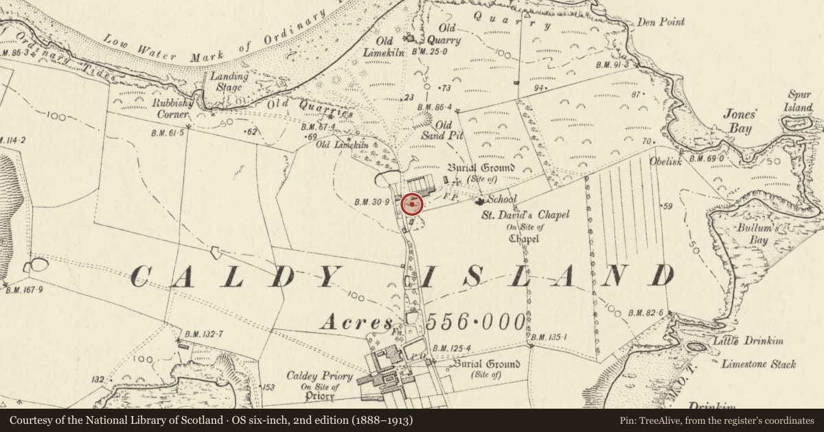 Ordnance Survey six-inch map, 2nd edition (1888–1913) covering the location of The Post Office, Tenby, Pembrokeshire, with a pin at the register's coordinates