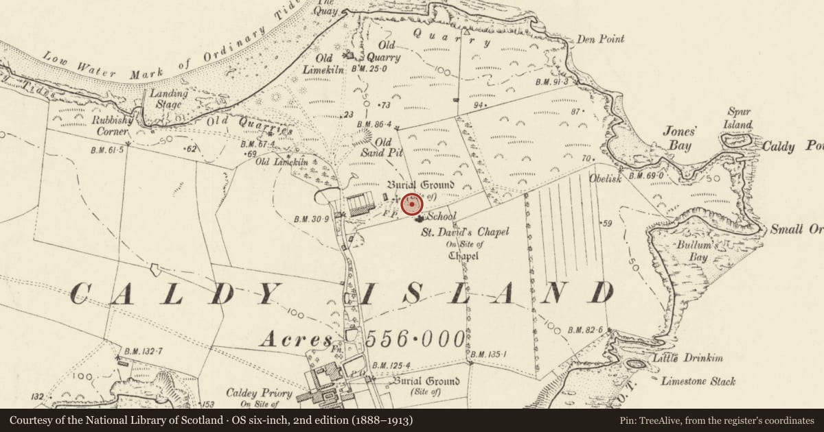 Ordnance Survey six-inch map, 2nd edition (1888–1913) covering the location of Former Caldey Island school, Tenby, Pembrokeshire, with a pin at the register's coordinates