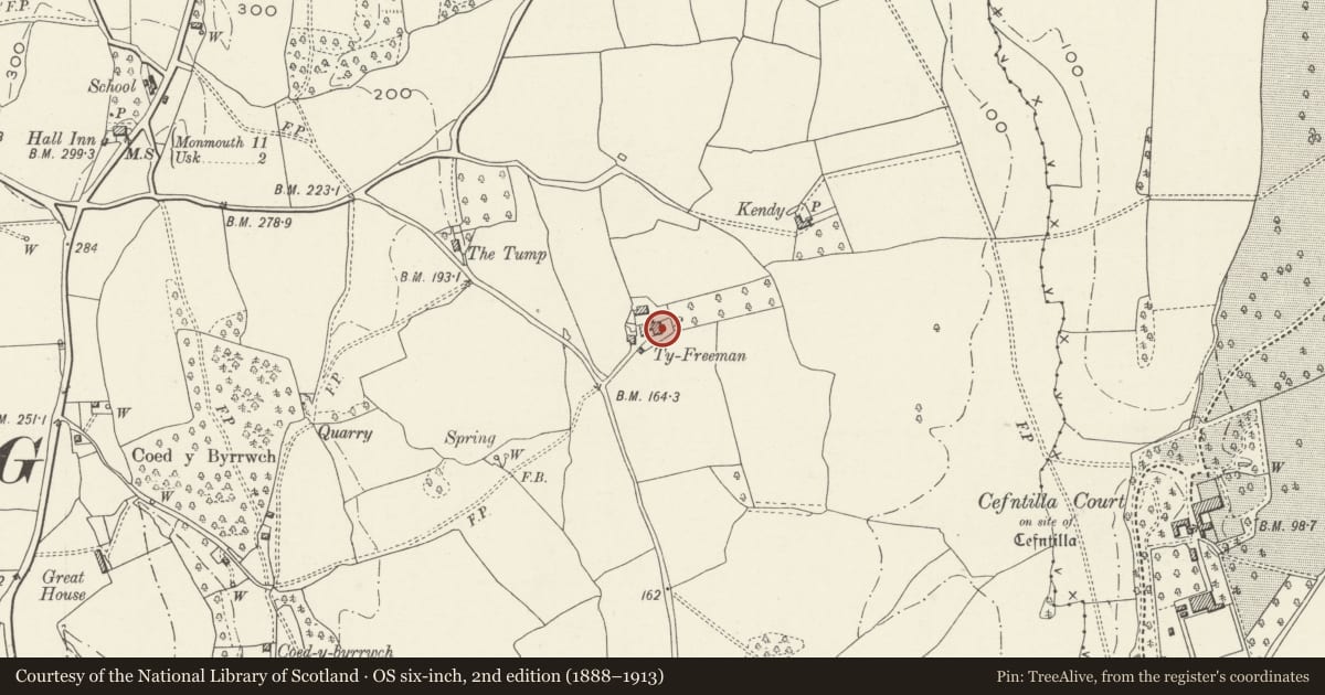 Ordnance Survey six-inch map, 2nd edition (1888–1913) covering the location of Ty-Freeman Farmhouse, Raglan, Monmouthshire, with a pin at the register's coordinates