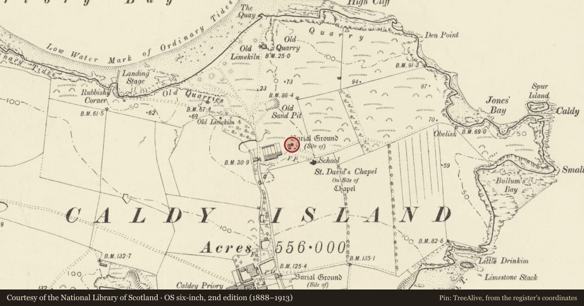 Ordnance Survey six-inch map, 2nd edition (1888–1913) covering the location of The Forge, Tenby, Pembrokeshire, with a pin at the register's coordinates