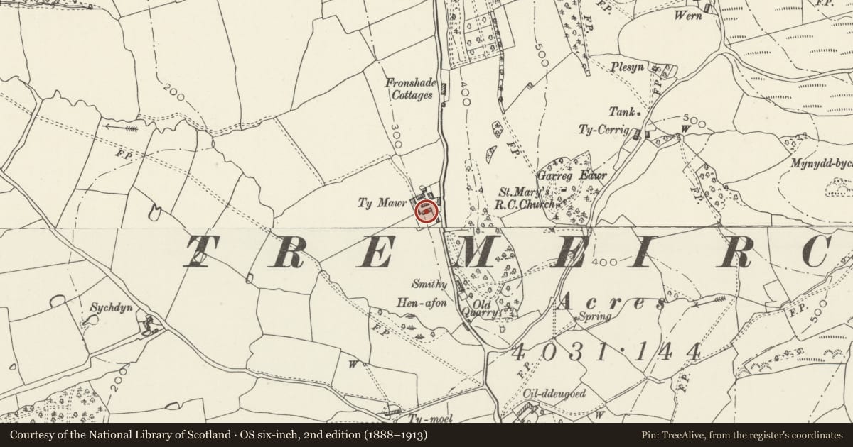 Ordnance Survey six-inch map, 2nd edition (1888–1913) covering the location of Ty-mawr Farm Buildings at South of Yard, Tremeirchion, Denbighshire, with a pin at the register's coordinates