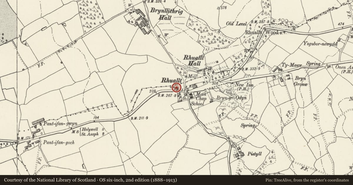 Ordnance Survey six-inch map, 2nd edition (1888–1913) covering the location of Glanyrafon, Tremeirchion, Denbighshire, with a pin at the register's coordinates