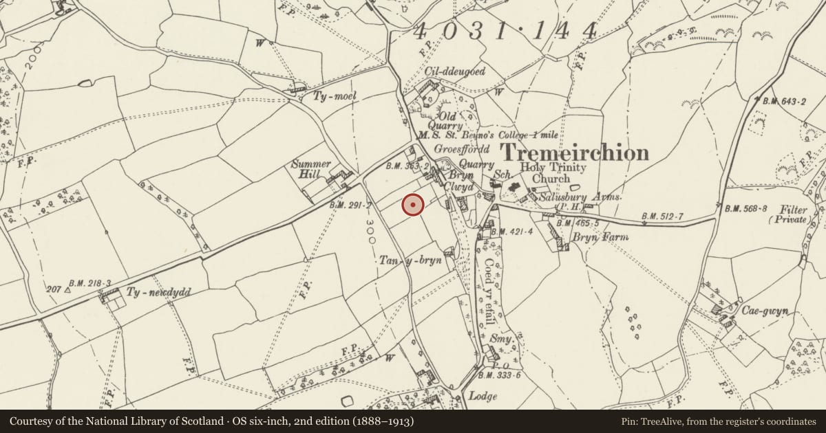 Ordnance Survey six-inch map, 2nd edition (1888–1913) covering the location of Bennar, Tremeirchion, Denbighshire, with a pin at the register's coordinates
