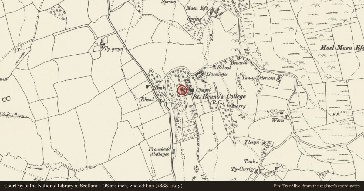 Ordnance Survey six-inch map, 2nd edition (1888–1913) covering the location of St Beuno's College, Tremeirchion, Denbighshire, with a pin at the register's coordinates