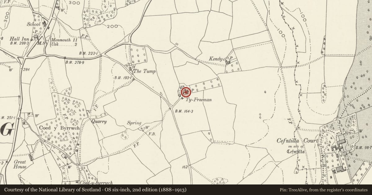 Ordnance Survey six-inch map, 2nd edition (1888–1913) covering the location of Barn and granary at Ty-Freeman, Raglan, Monmouthshire, with a pin at the register's coordinates