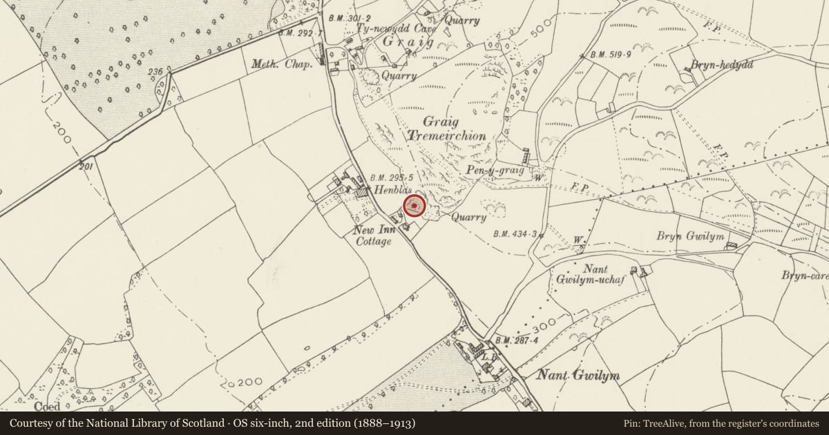 Ordnance Survey six-inch map, 2nd edition (1888–1913) covering the location of Limekiln at Graig Tremerchion, Tremeirchion, Denbighshire, with a pin at the register's coordinates