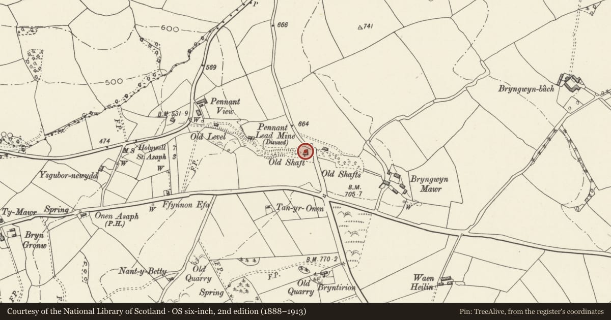 Ordnance Survey six-inch map, 2nd edition (1888–1913) covering the location of Pennant Lead Mine Winding Engine House, Tremeirchion, Denbighshire, with a pin at the register's coordinates