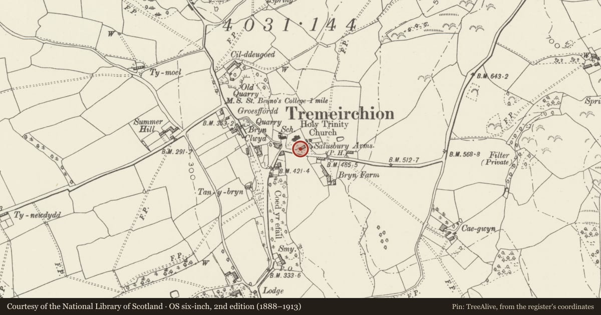 Ordnance Survey six-inch map, 2nd edition (1888–1913) covering the location of Lychgate of Tremeirchion Parish Church, Denbighshire, with a pin at the register's coordinates