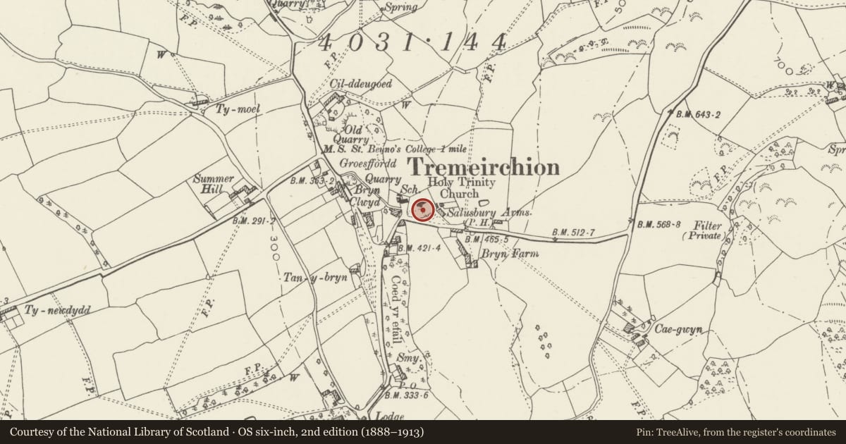 Ordnance Survey six-inch map, 2nd edition (1888–1913) covering the location of Sundial pillar in Tremeirchion Churchyard, Denbighshire, with a pin at the register's coordinates