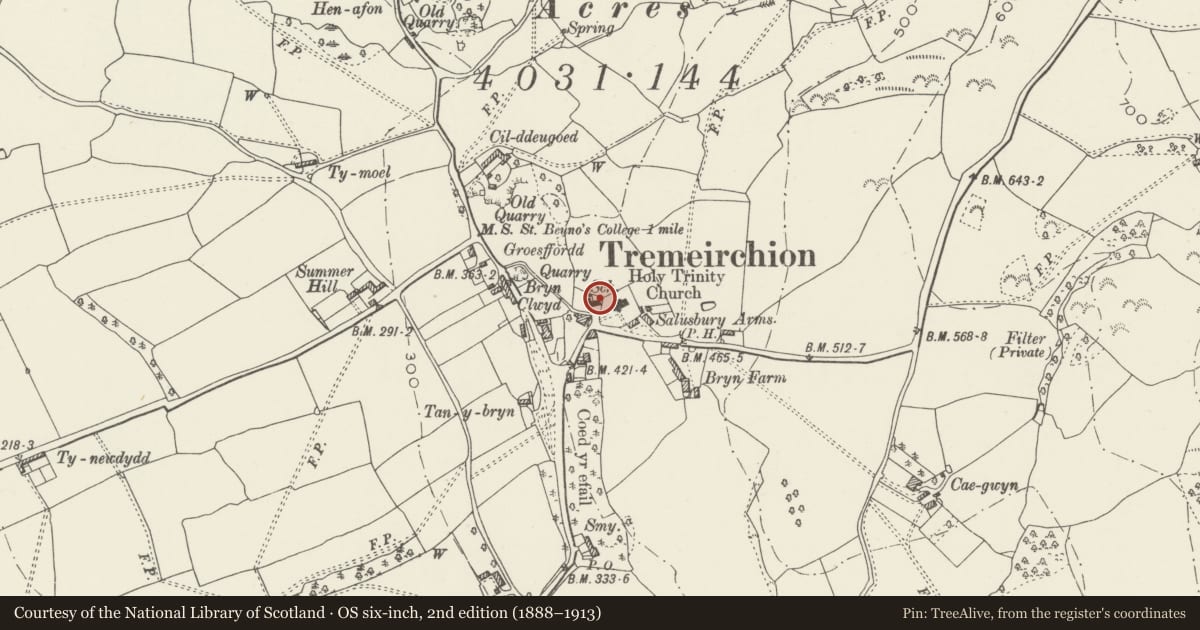 Ordnance Survey six-inch map, 2nd edition (1888–1913) covering the location of Tremeirchion Voluntary Primary School and School, Denbighshire, with a pin at the register's coordinates