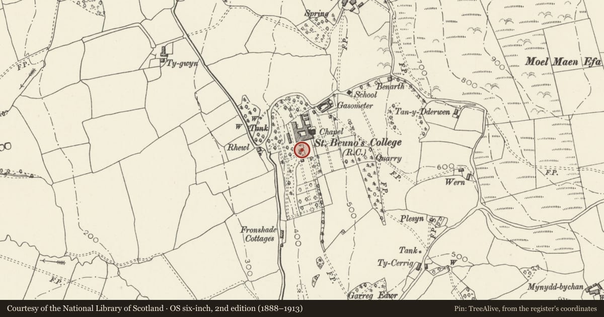 Ordnance Survey six-inch map, 2nd edition (1888–1913) covering the location of Garden steps parallel to south front of St Beuno's (Lower Part), Tremeirchion, Denbighshire, with a pin at the register's coordinates