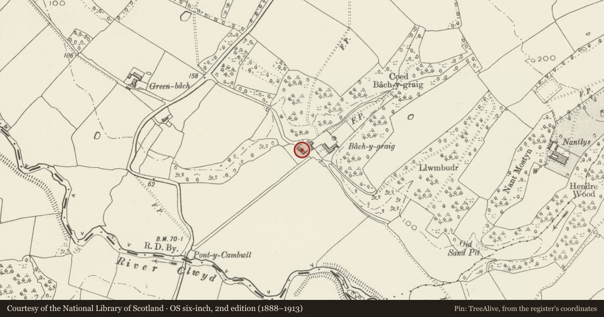 Ordnance Survey six-inch map, 2nd edition (1888–1913) covering the location of Bach-y-graig South West Farm Range, Tremeirchion, Denbighshire, with a pin at the register's coordinates