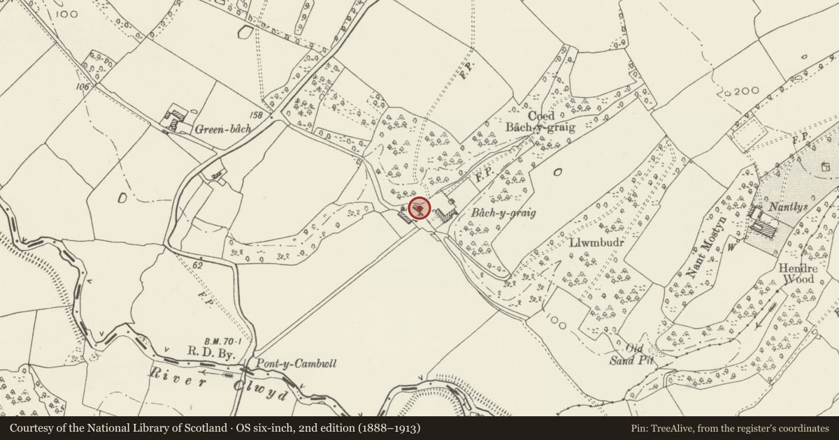 Ordnance Survey six-inch map, 2nd edition (1888–1913) covering the location of Bach-y-graig North East Farm Range, Tremeirchion, Denbighshire, with a pin at the register's coordinates