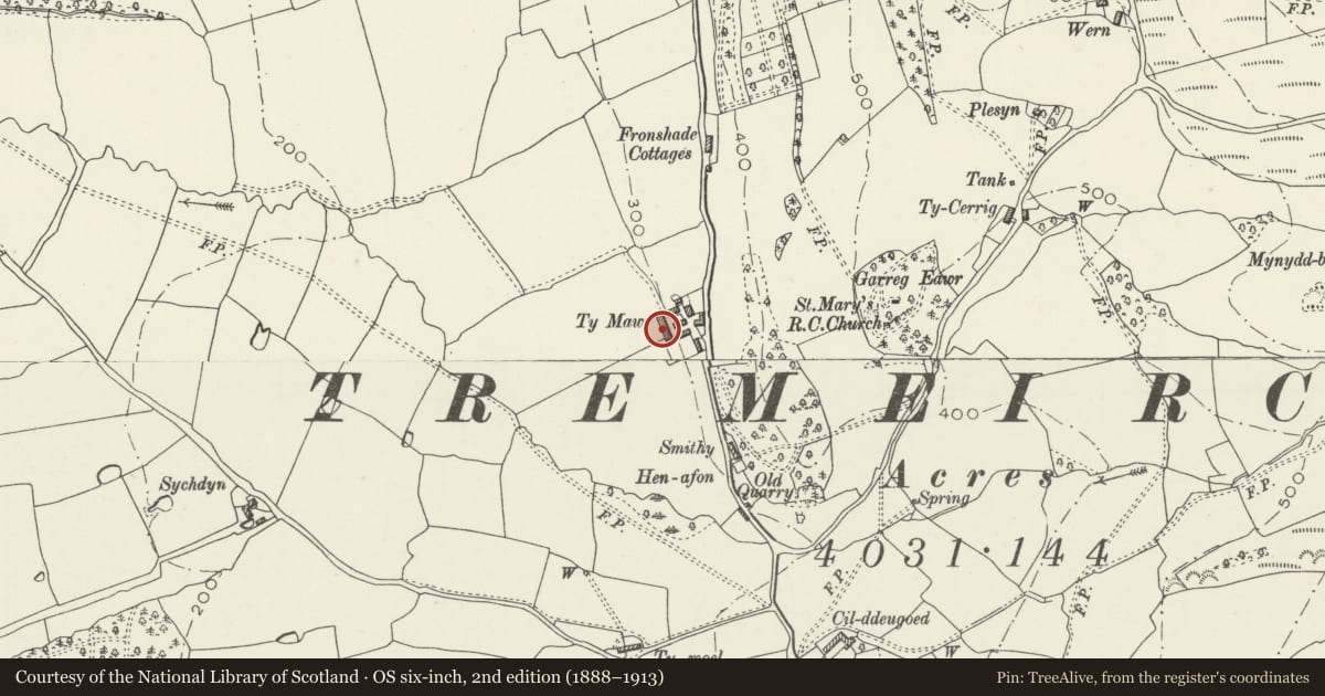 Ordnance Survey six-inch map, 2nd edition (1888–1913) covering the location of Ty-mawr Farm Buildings at West of Yard, Tremeirchion, Denbighshire, with a pin at the register's coordinates