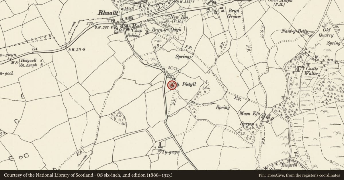 Ordnance Survey six-inch map, 2nd edition (1888–1913) covering the location of Pistyll, Tremeirchion, Denbighshire, with a pin at the register's coordinates