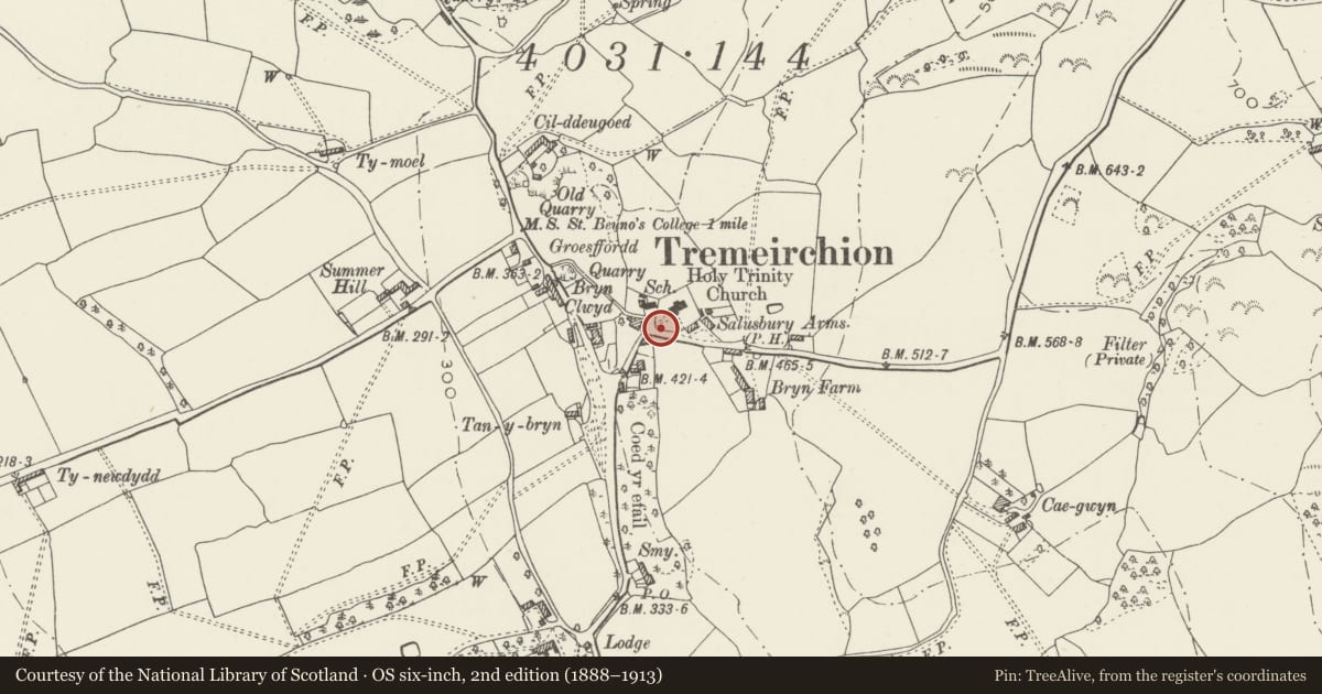 Ordnance Survey six-inch map, 2nd edition (1888–1913) covering the location of Tremeirchion War Memorial, Denbighshire, with a pin at the register's coordinates