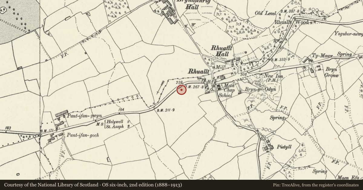 Ordnance Survey six-inch map, 2nd edition (1888–1913) covering the location of Rhuallt Administrative Education Centre (Former Rhuallt Village School), Tremeirchion, Denbighshire, with a pin at the register's coordinates