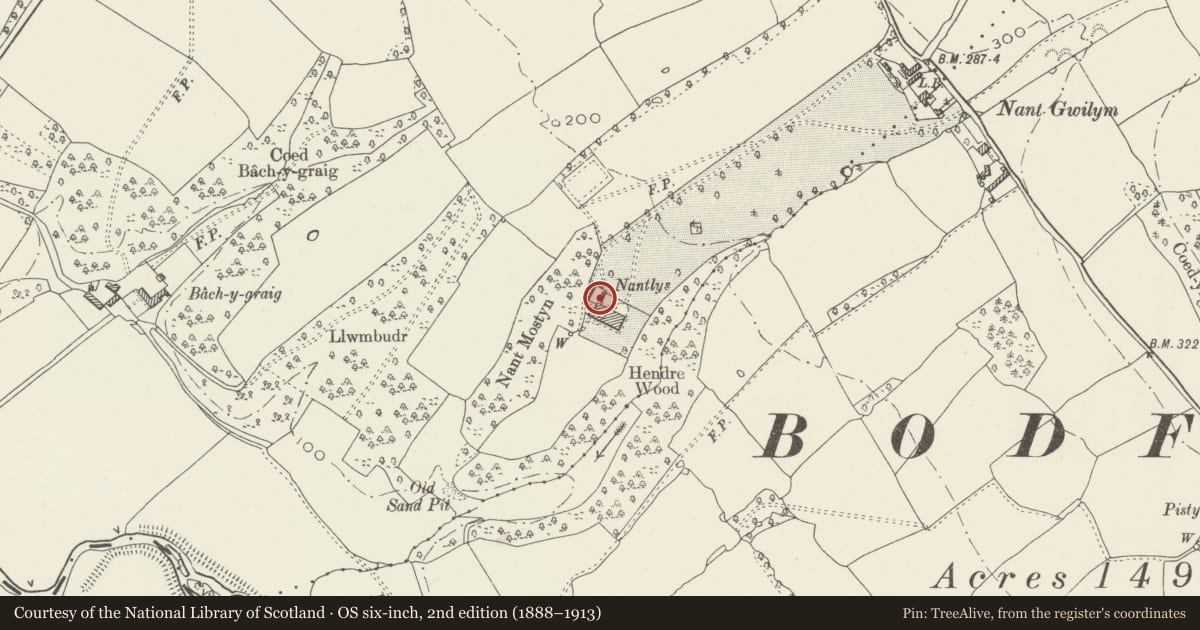 Ordnance Survey six-inch map, 2nd edition (1888–1913) covering the location of Nantlys Coach House, Tremeirchion, Denbighshire, with a pin at the register's coordinates